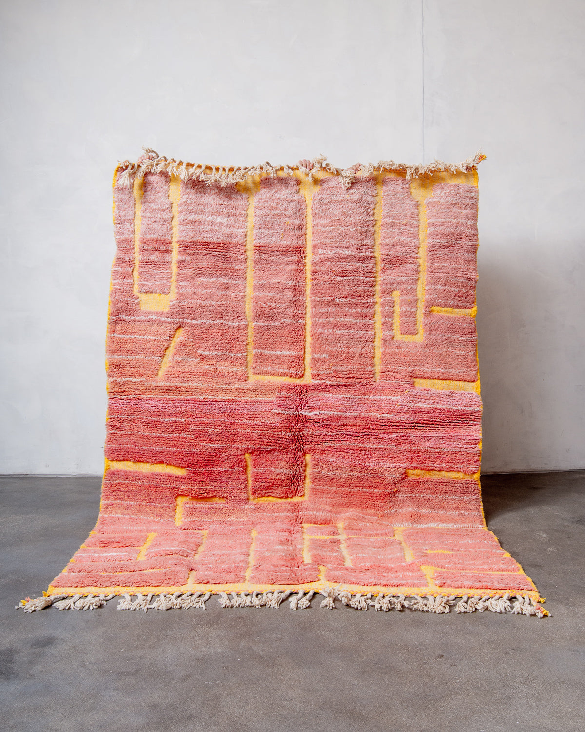 Modern, designer, handcrafted Berber rug from Morocco. Beniourain carpet with beautiful colours and patterns and fluffy wool texture.